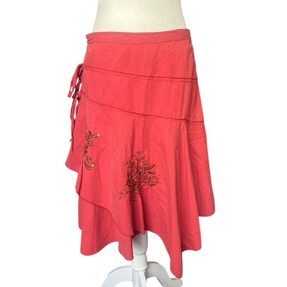 Vintage Tiered Coral Skirt | Y2K Boho Embroidered Cotton Asymmetrical Medium - Picture 5 of 6